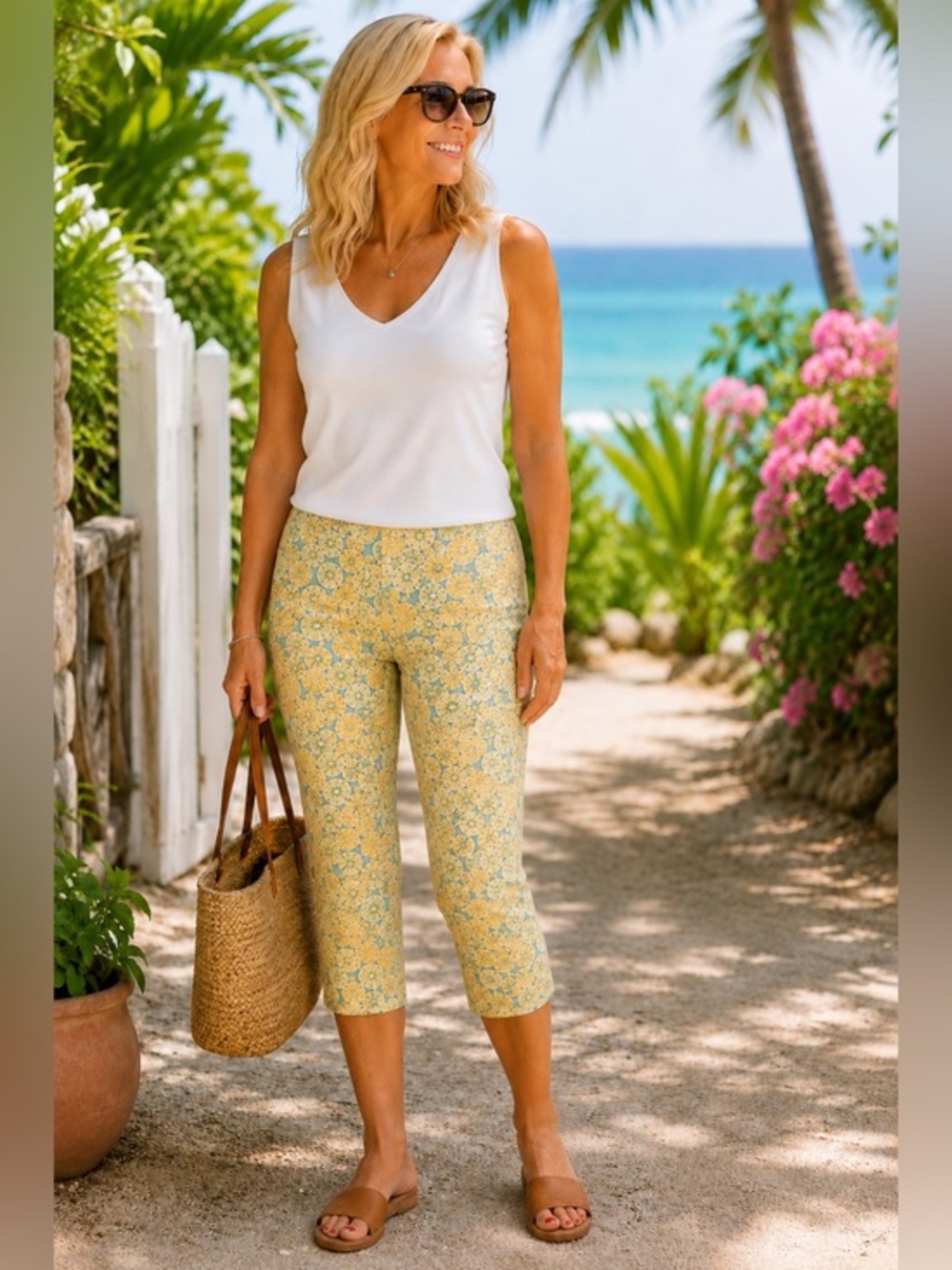 Talbots lemon lime print stretch cropped capri pants